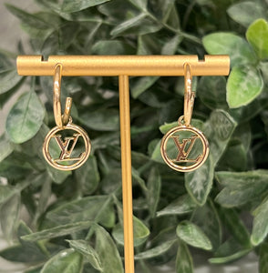 Repurposed Gold LV Charm Hoop Earrings