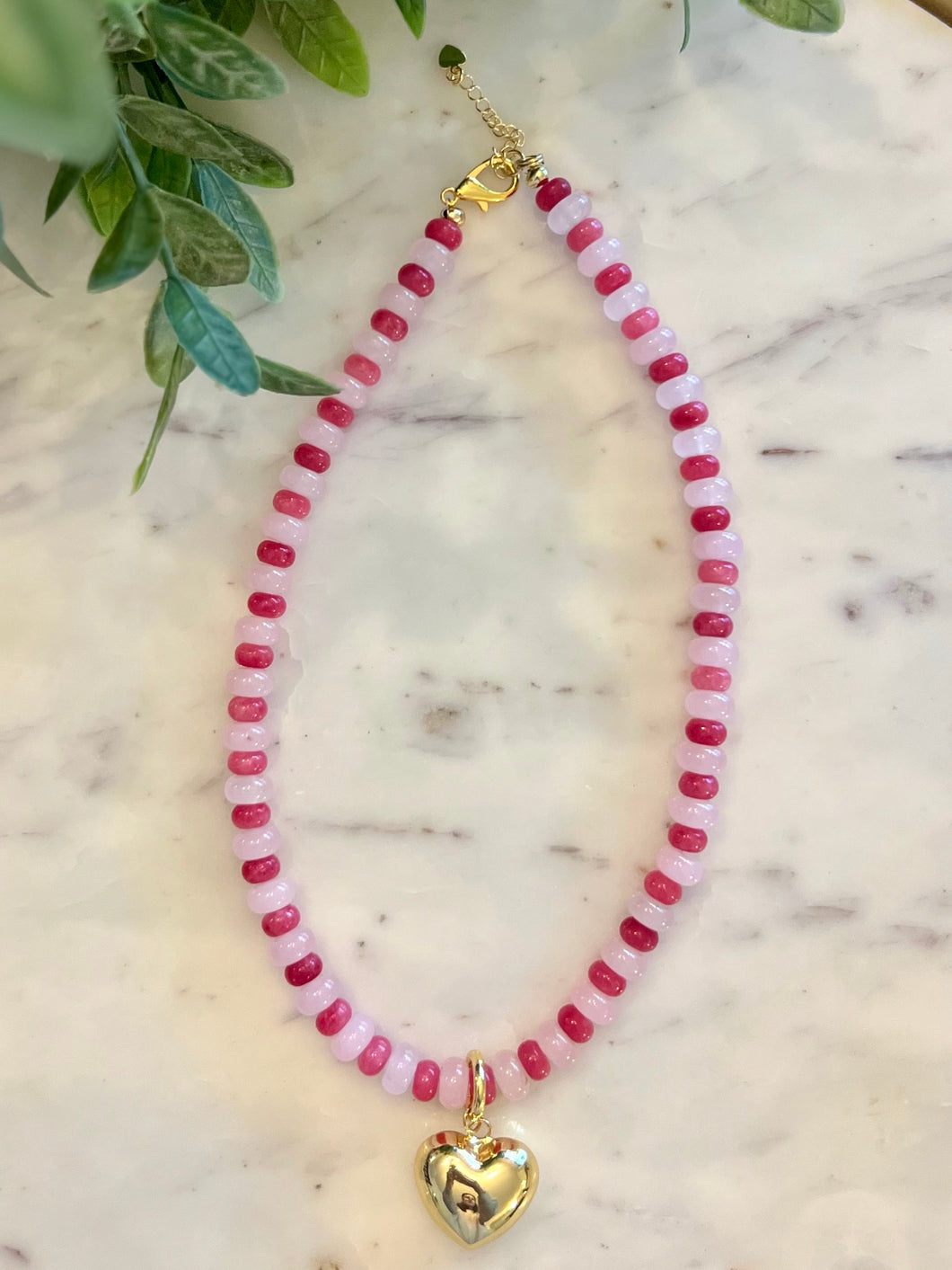 Pink Candy Necklace with Puffy Heart Charm