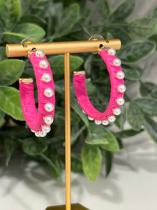 Hot Pink and Pearl Raffia Hoop Earrings