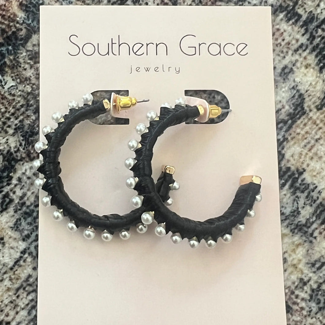 Black Raffia and Pearl Hoop Earrings