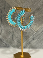 Load image into Gallery viewer, Turquoise Raffia and Crystal Hoop Earrings
