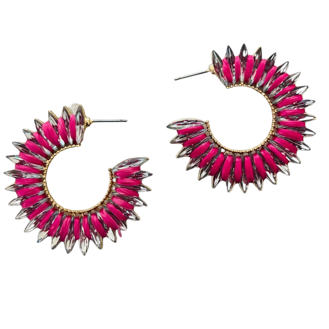 Hot Pink Raffia and Crystal Hoop Earrings