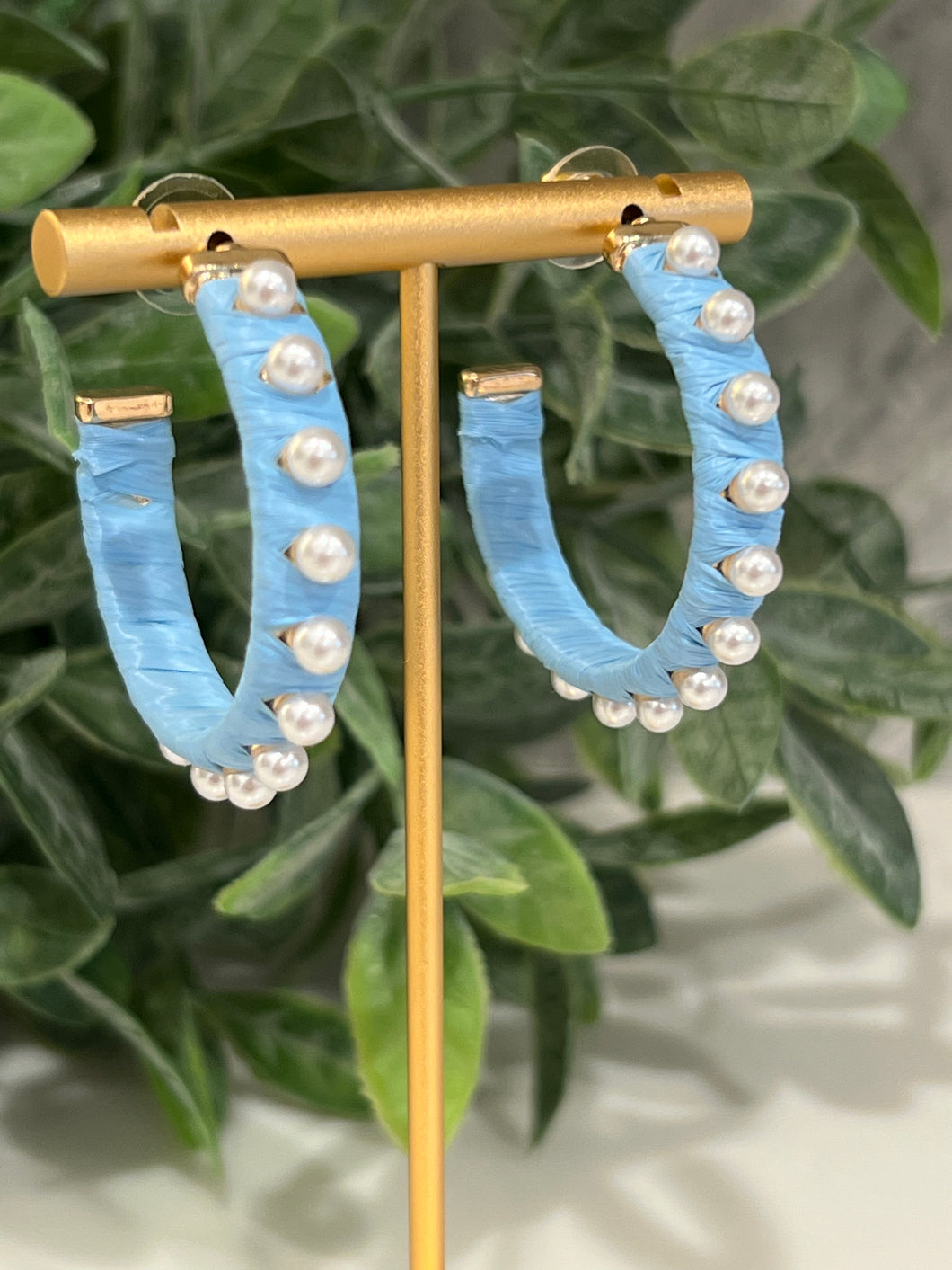 Blue and Pearl Raffia Hoop Earrings