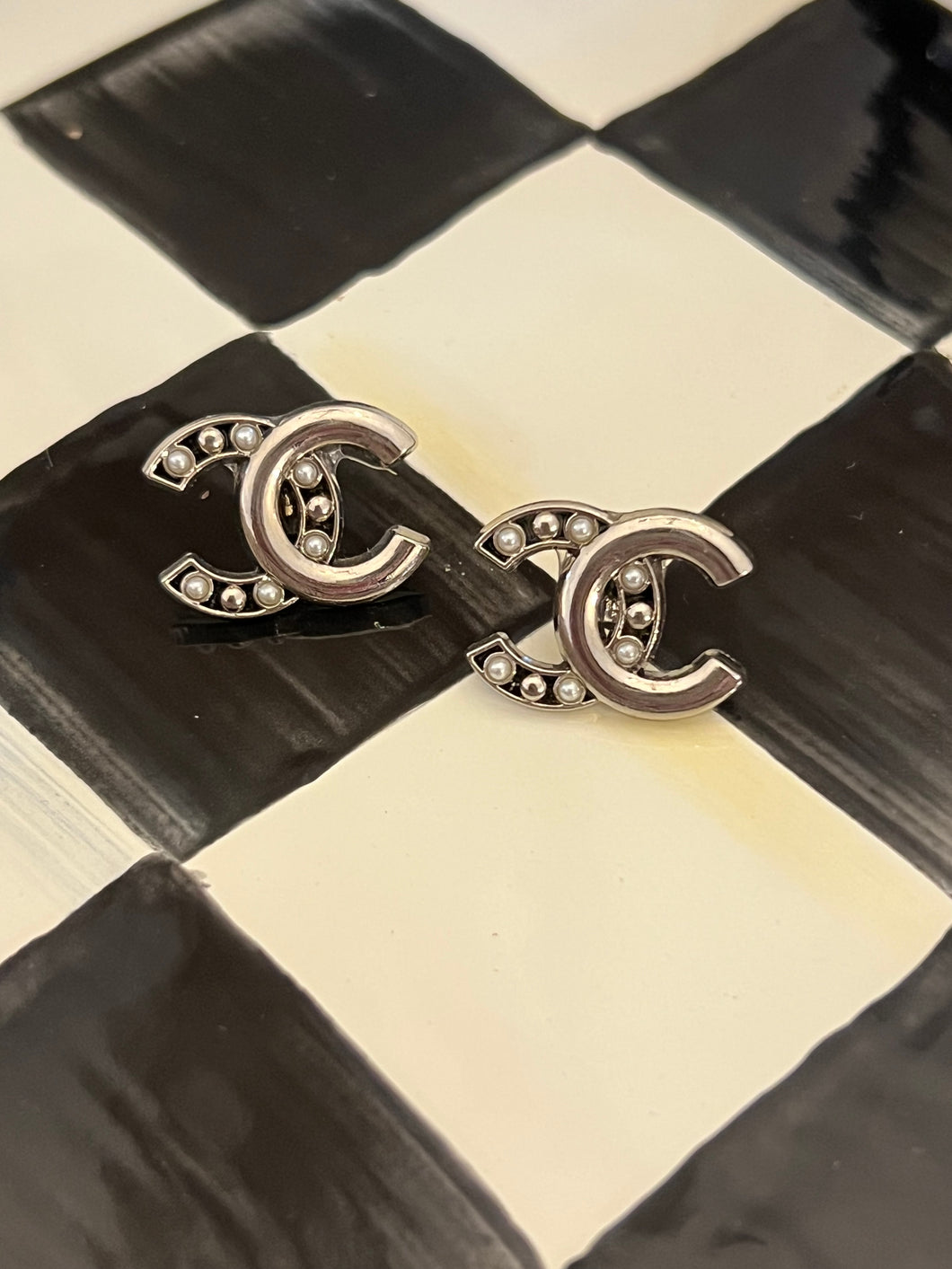 Repurposed Silver C Button Earrings