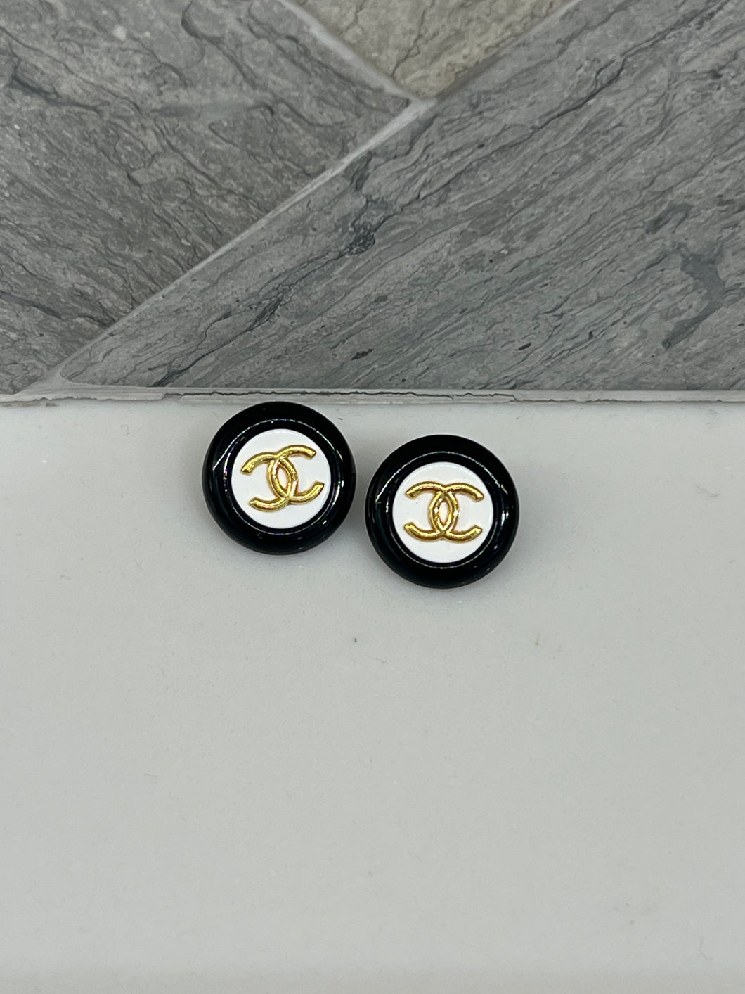 Repurposed Black, White & Gold Button Earrings