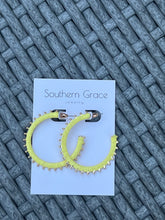 Load image into Gallery viewer, Yellow Raffia and Gold Hoop Earrings
