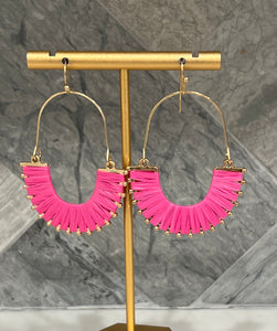 Hot Pink and Gold Raffia Earrings