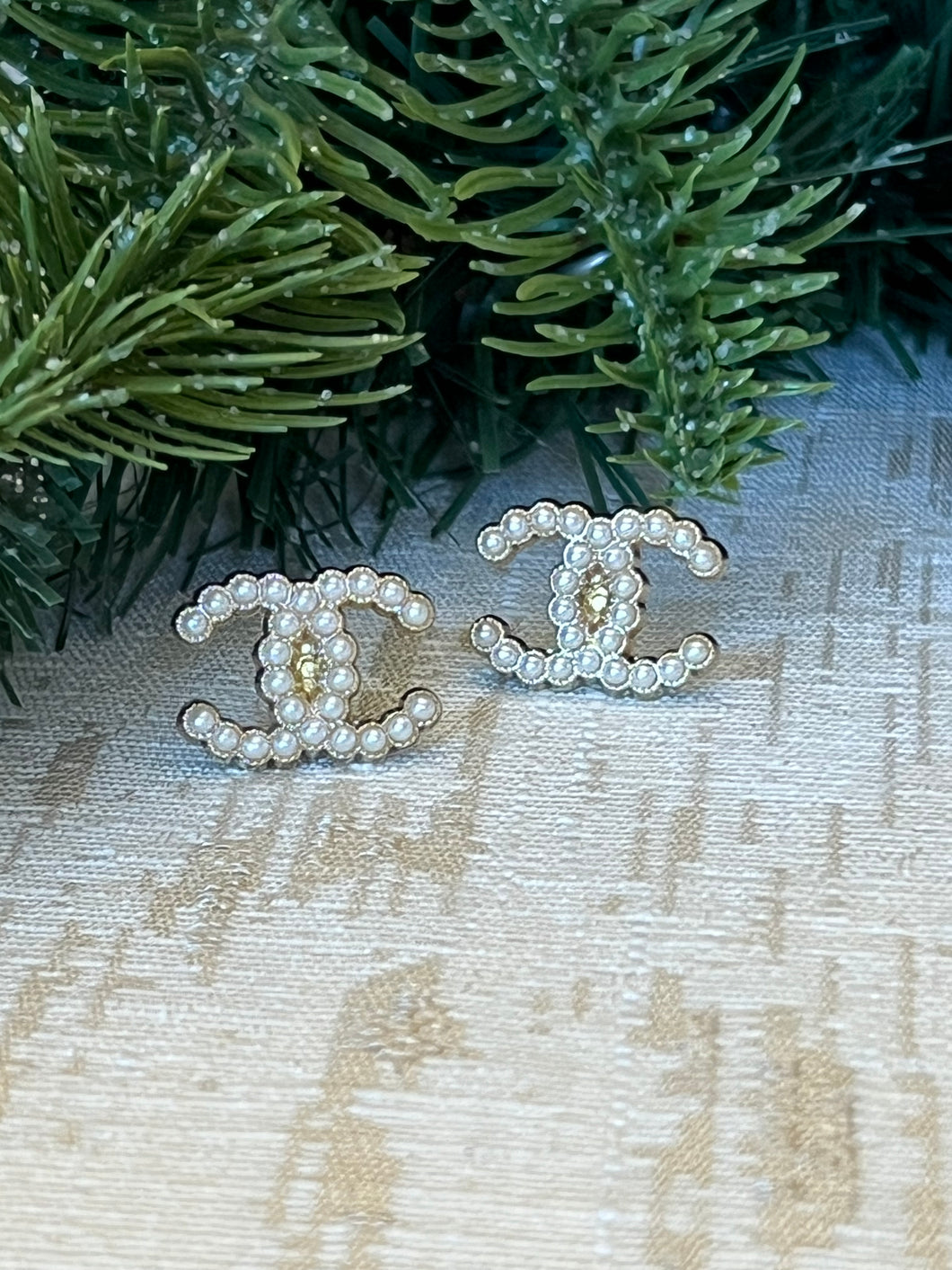 Repurposed Designer Pearl Double C Button Earrings