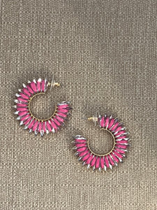 Hot Pink Raffia and Crystal Hoop Earrings