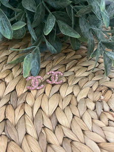 Repurposed Designer Pink Crystal Button Earrings