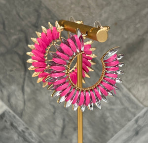 Hot Pink Raffia and Crystal Hoop Earrings
