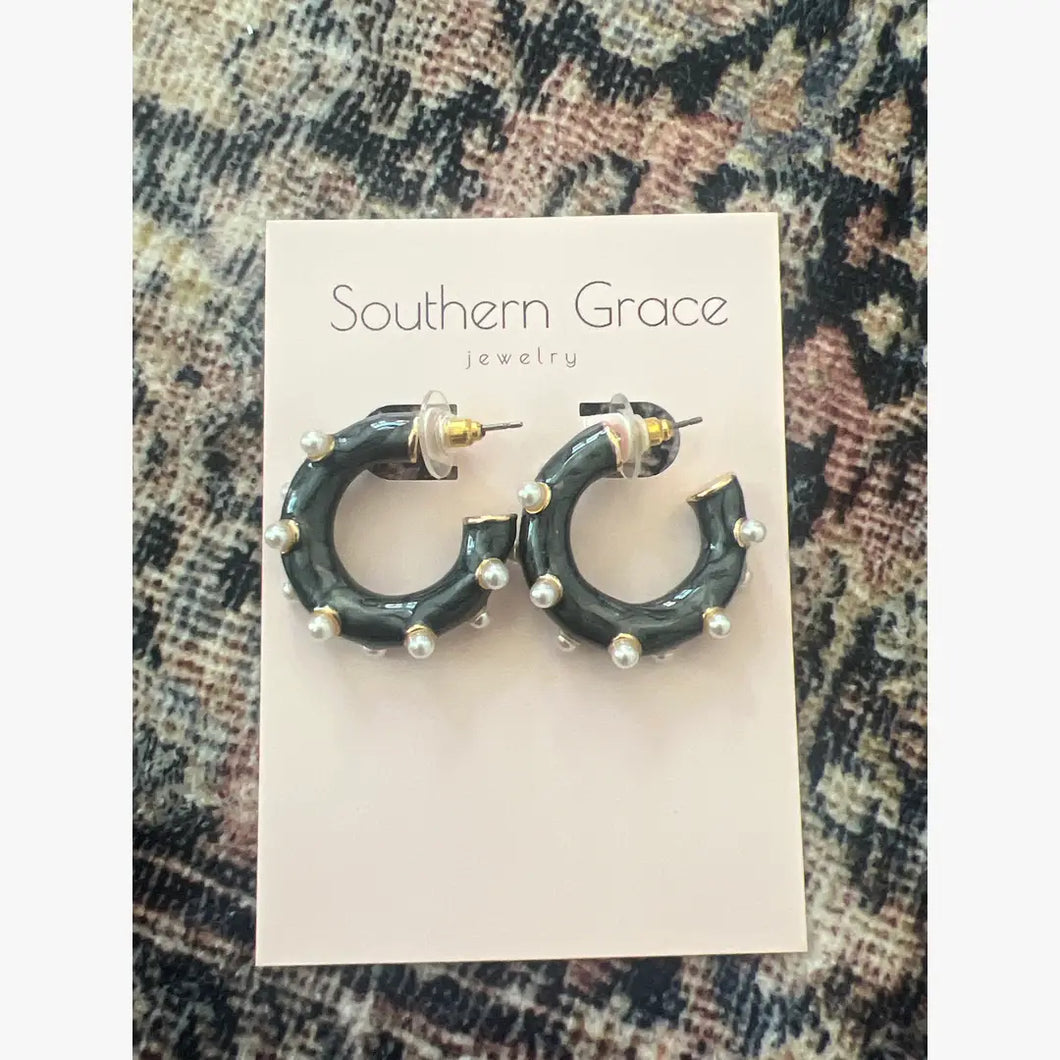 Black Resin and Pearl Hoop Earrings