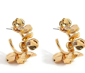 Polished Gold Flower & Crystal Hoop Earrings