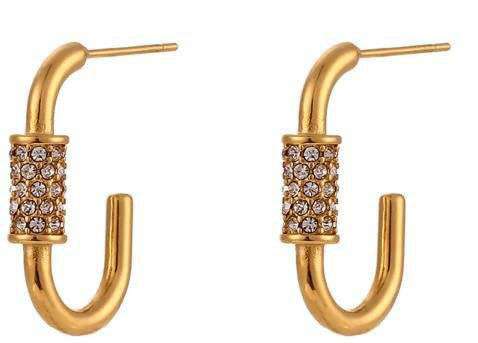 Gold and Crystal U Hoop Earrings
