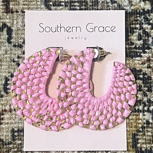 Pink Raffia Wrapped Hoop Earrings