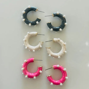Pink Resin and Pearl Hoop Earrings