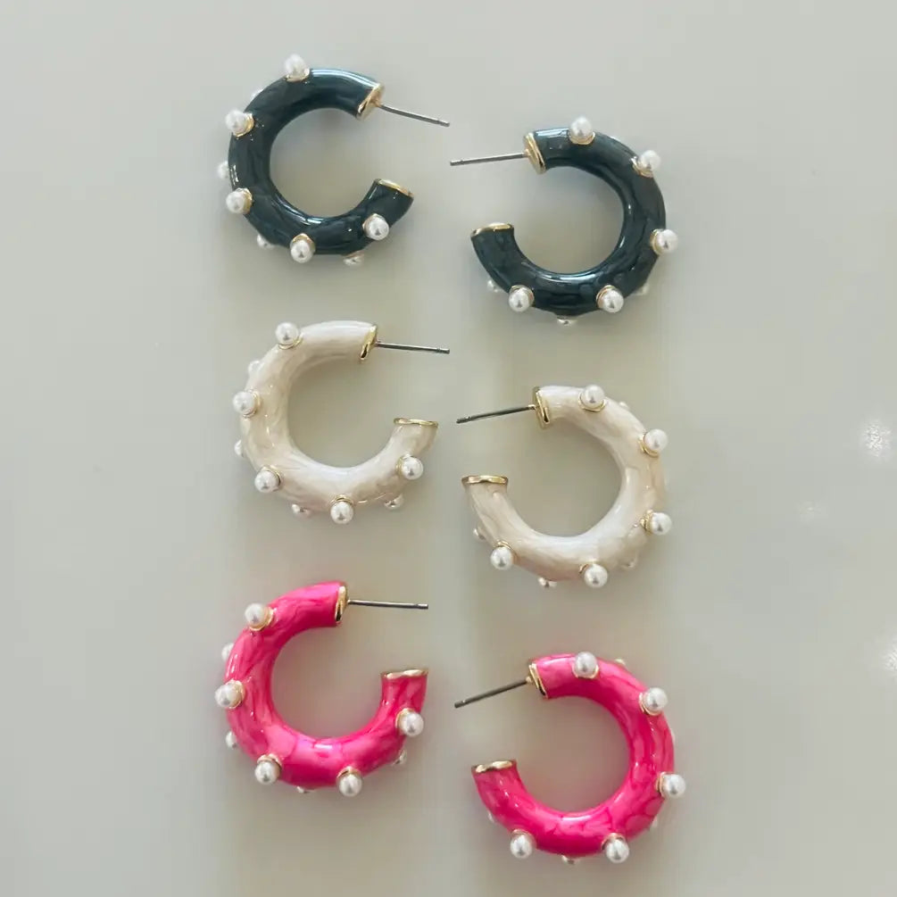 Pink Resin and Pearl Hoop Earrings