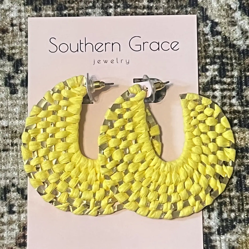 Yellow Raffia Wrapped Hoop Earrings